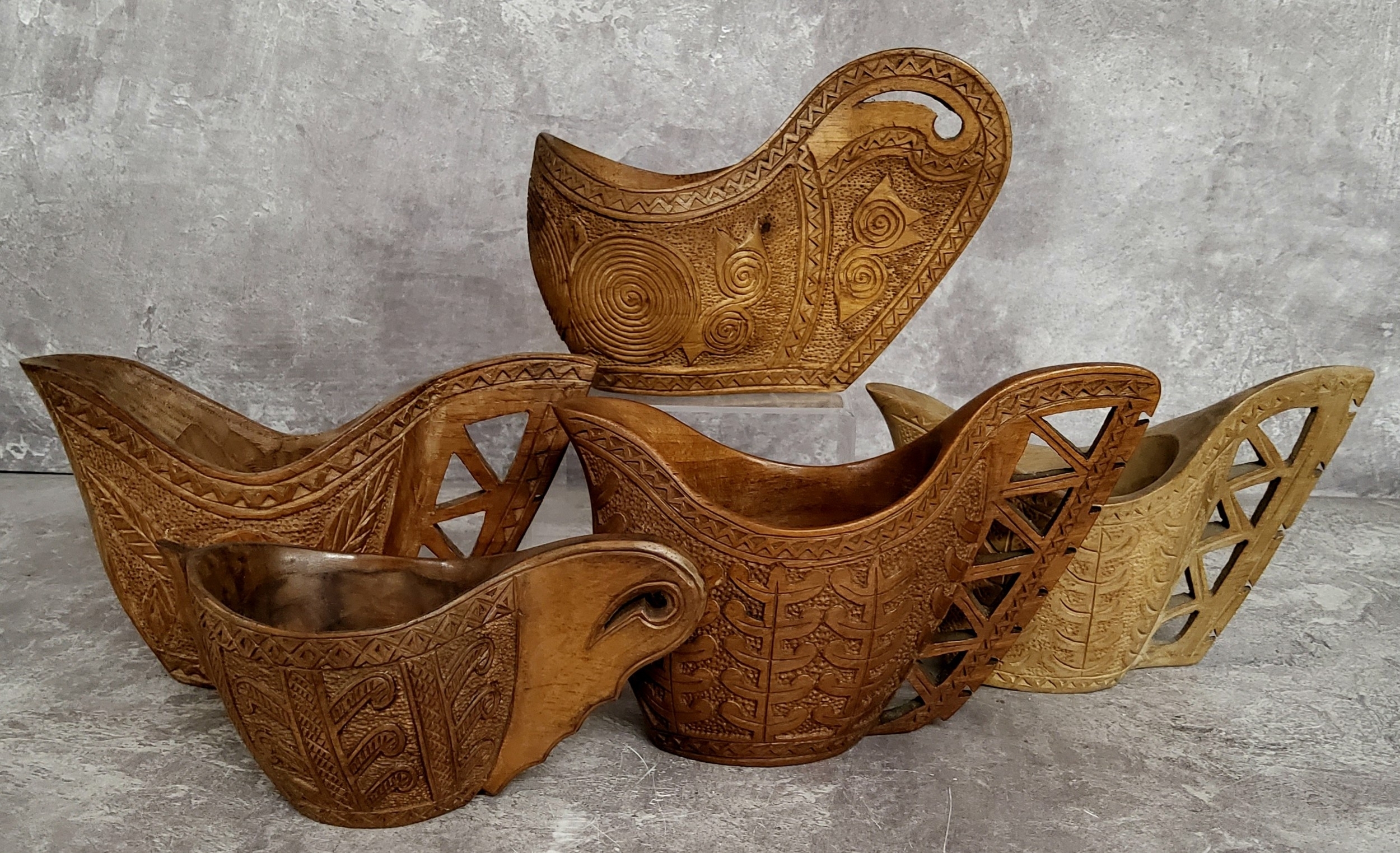 Treen - Five Yugoslavian carved ceremonial 'shepherd wedding' cups