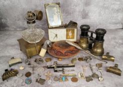 Bijouterie - Victorian cut glass brass mounted scent atomiser; religious crosses, prayer beads, a