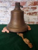 A George V bronze ships bell with roped clapper, early 20th century.  Height 28cm x diameter 24cm