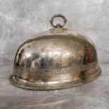 A Victorian James Dixon silver plate meat dome, bold Greek key border, one side with vacant