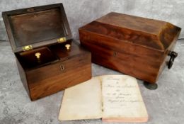 A Regency rosewood tea caddy c.1820; a George III walnut sarcophagus shaped tea caddy raised in