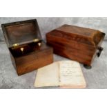 A Regency rosewood tea caddy c.1820; a George III walnut sarcophagus shaped tea caddy raised in