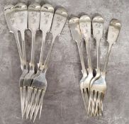 Five Victorian Fiddle pattern dinner and four dessert forks, monogrammed James Dixon & Sons,