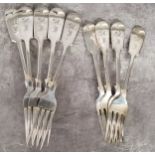 Five Victorian Fiddle pattern dinner and four dessert forks, monogrammed James Dixon & Sons,