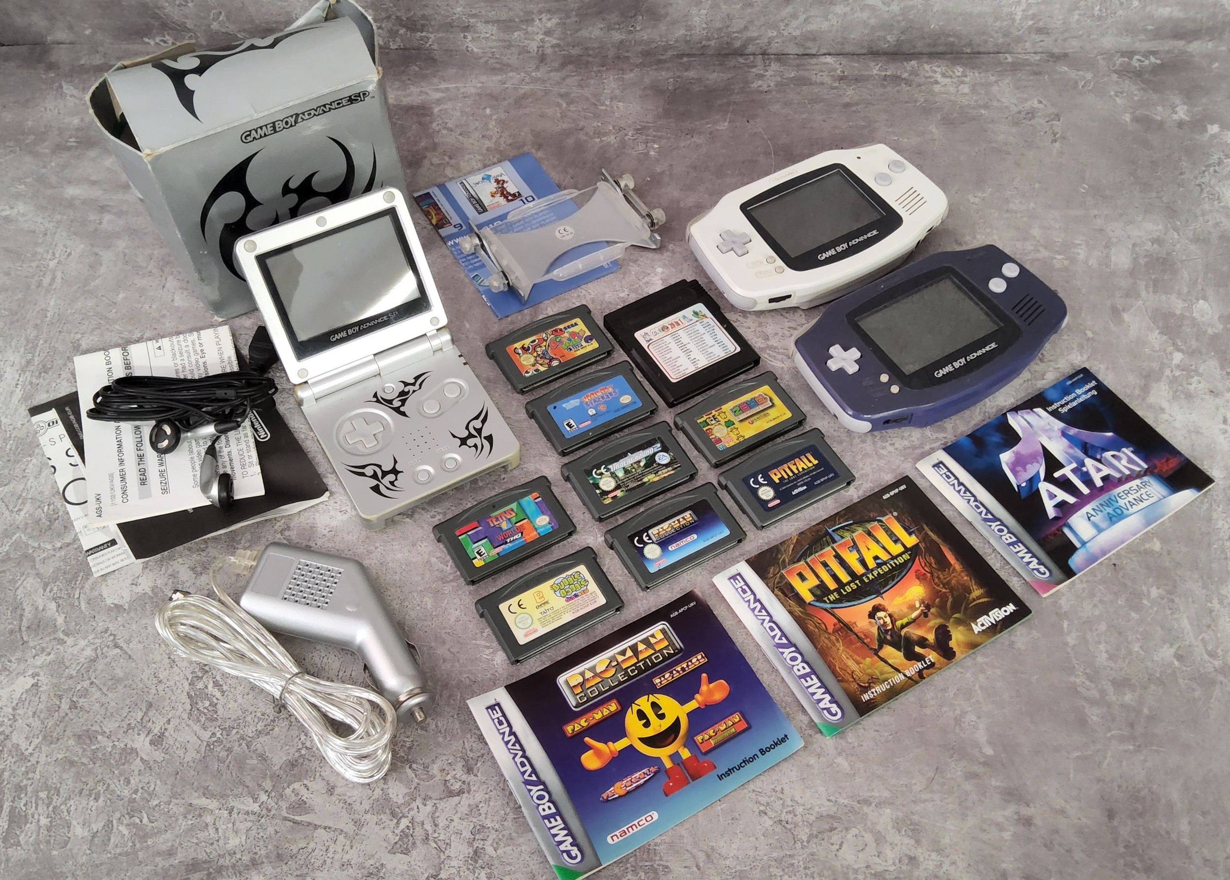 Game Boy Advance SP AGS-001 Console, Limited  Tribal Edition, Silver, original box; various games