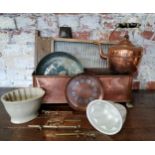 A Hugh Wallis copper cabinet plate; Victorian copper window ledge flower trough; wash board; ceramic