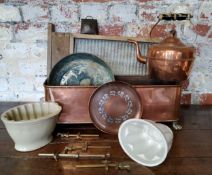 A Hugh Wallis copper cabinet plate; Victorian copper window ledge flower trough; wash board; ceramic