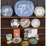 A large Victorian blue and white Real Old Willow pattern meat plate; Leeds creamware coral basket;