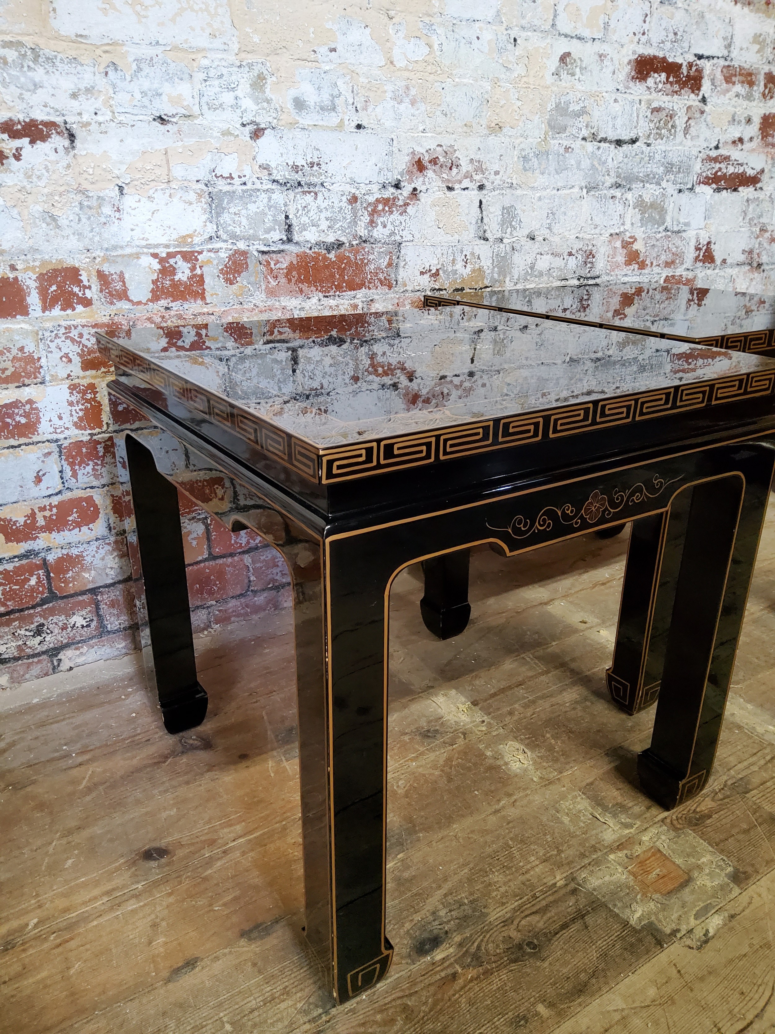 A pair of 20th century black lacquered hand painted Japanese occasional tables, decorated with - Image 3 of 5