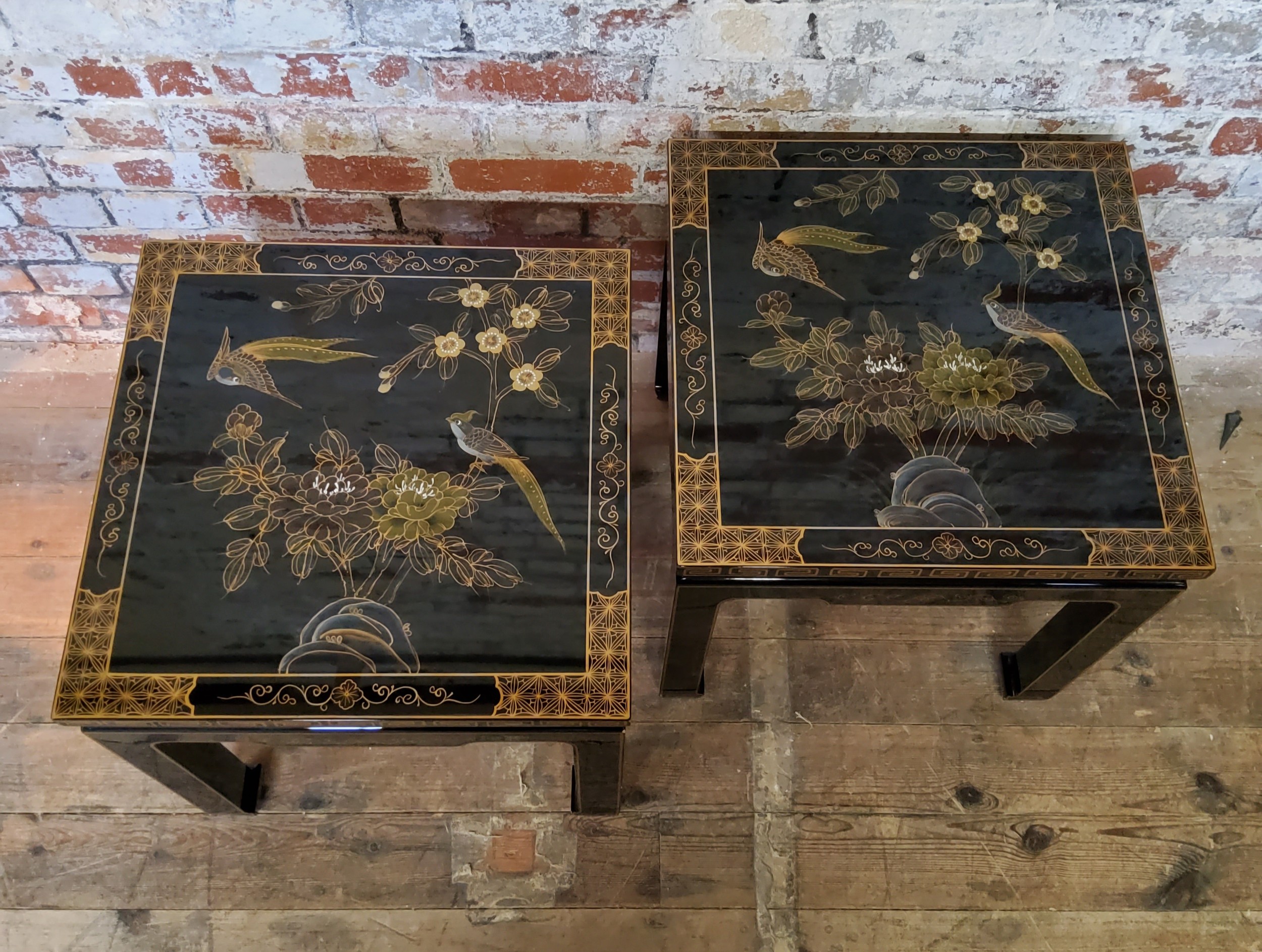 A pair of 20th century black lacquered hand painted Japanese occasional tables, decorated with - Image 4 of 5