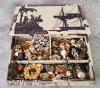 Costume Jewellery - a jewellery box with silver, white and yellow metal clip on earrings including