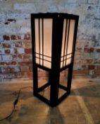 A traditional Japanese black lacquer floor lamp with cream fabric insets. Height 76cm x width 31cm x