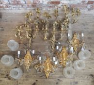 Lighting - a set of four gilt metal Roccoco type country house wall sconces (AF); Four decorative