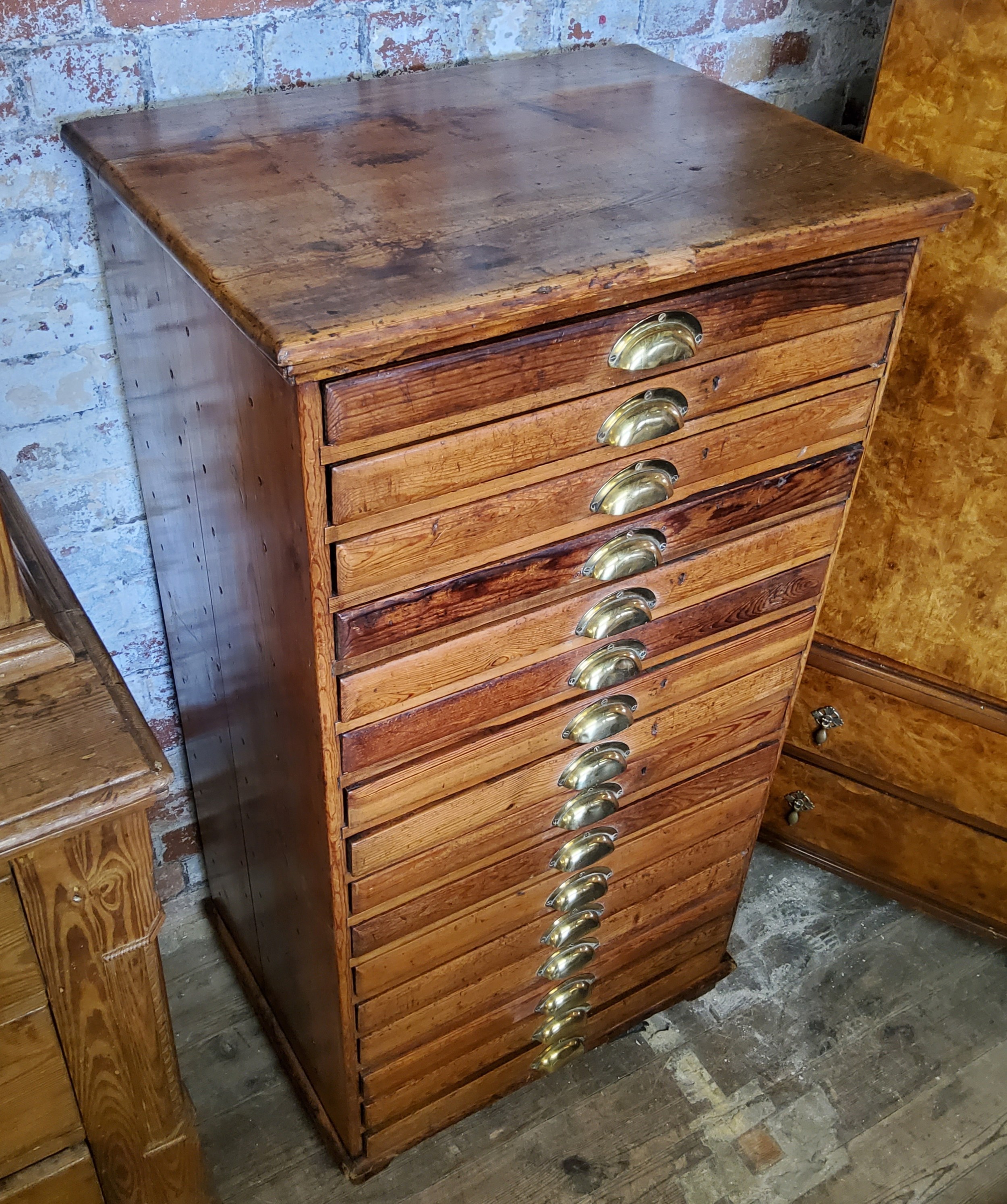 A late 19th century farmhouse pine bank of sixteen collectors drawers / printers drawers with - Image 2 of 3