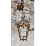 A brass hall lantern etched glass panels (one missing) Height 24cm x width 15cm x depth 15cm