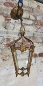 A brass hall lantern etched glass panels (one missing) Height 24cm x width 15cm x depth 15cm