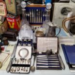 Silver & Silverplate - a small silver jug; pewter mounted claret decanters; napkin ring and place