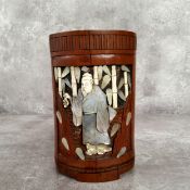 A Chinese bamboo brush pot, Bitong, decorated with mother of pearl and bone applied elder amongst