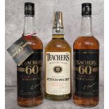 Three bottles of Teacher's whisky including two bottles of Teacher's 60 Reserve Stock Scotch