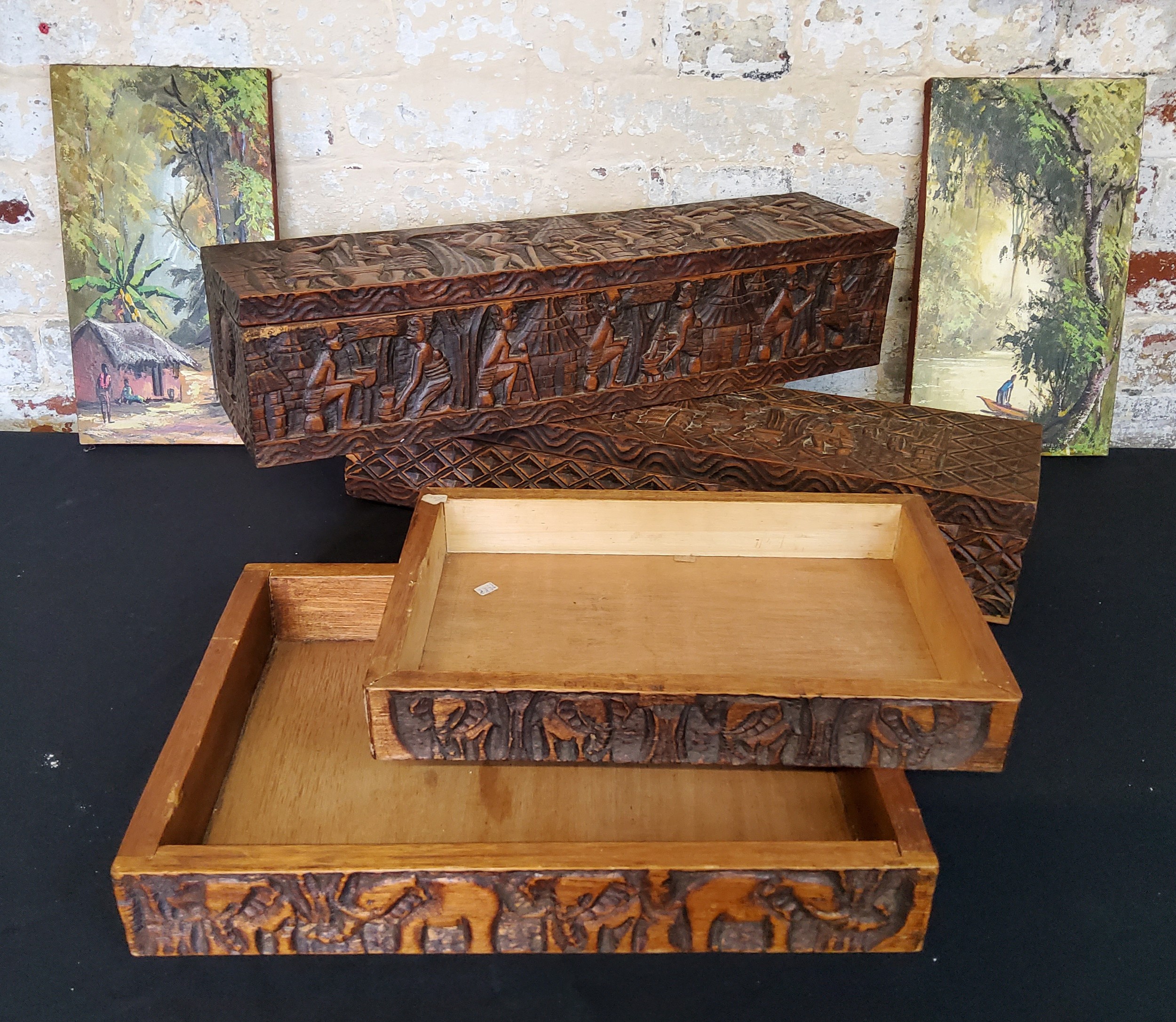 Tribal - two hand carved African boxes with hinged lids, two carved trays with two small original
