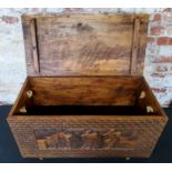 Tribal - Large hand carved chest with hinged lid, carvings to top and all sides Height 42.5cm x