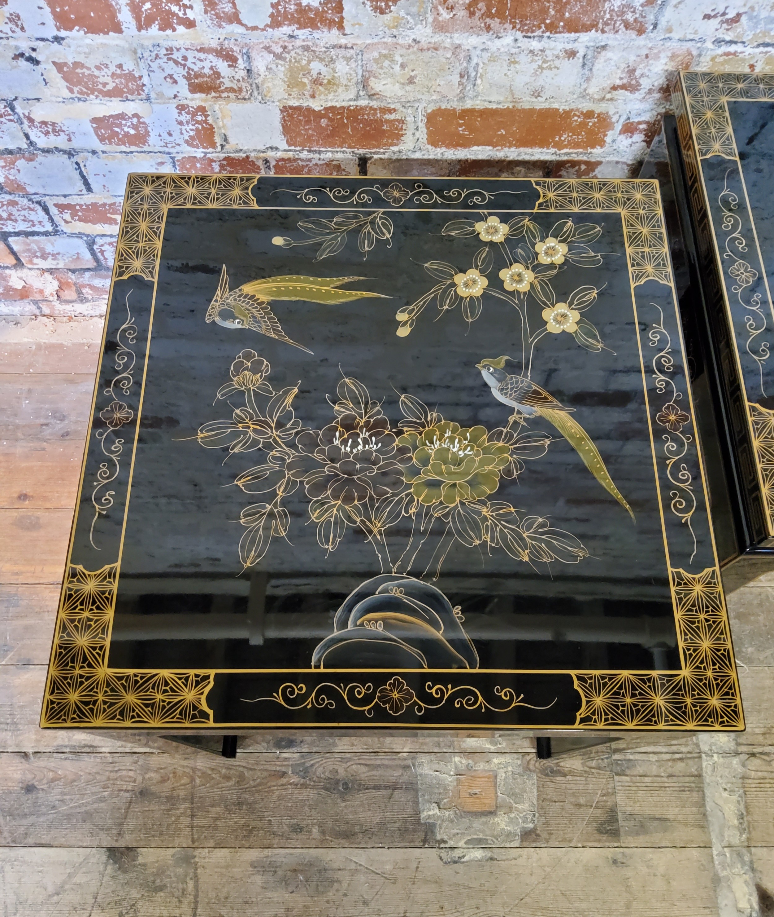 A pair of 20th century black lacquered hand painted Japanese occasional tables, decorated with - Image 5 of 5