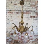 A Victorian brass 6 branch chandelier with hanging glass shades Dimensions: height 75cm x dia 75cm (