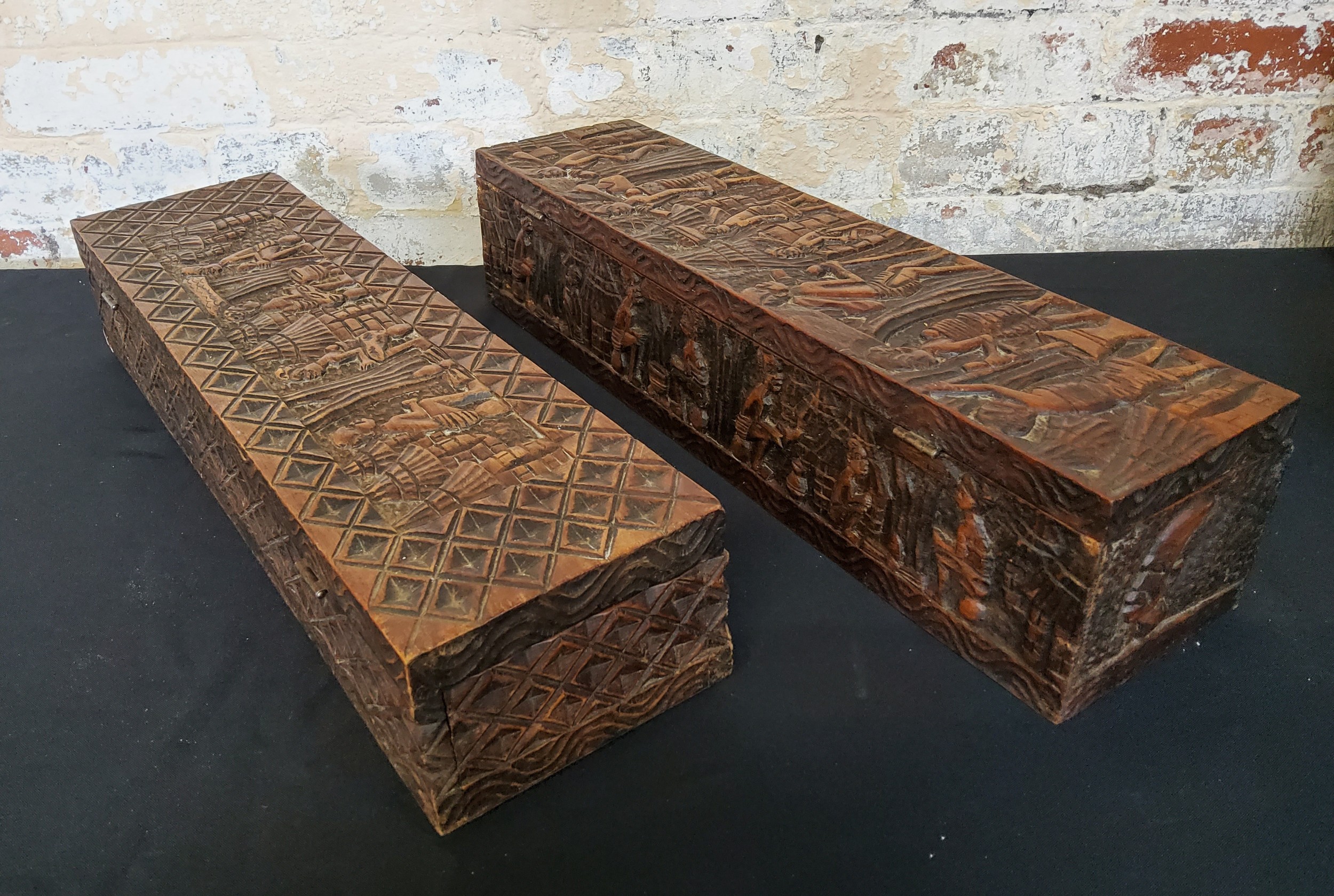 Tribal - two hand carved African boxes with hinged lids, two carved trays with two small original - Image 4 of 7