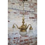 A 19th century French three branch brass chandelier Height 61cm x dia 50cm, (total height with chain