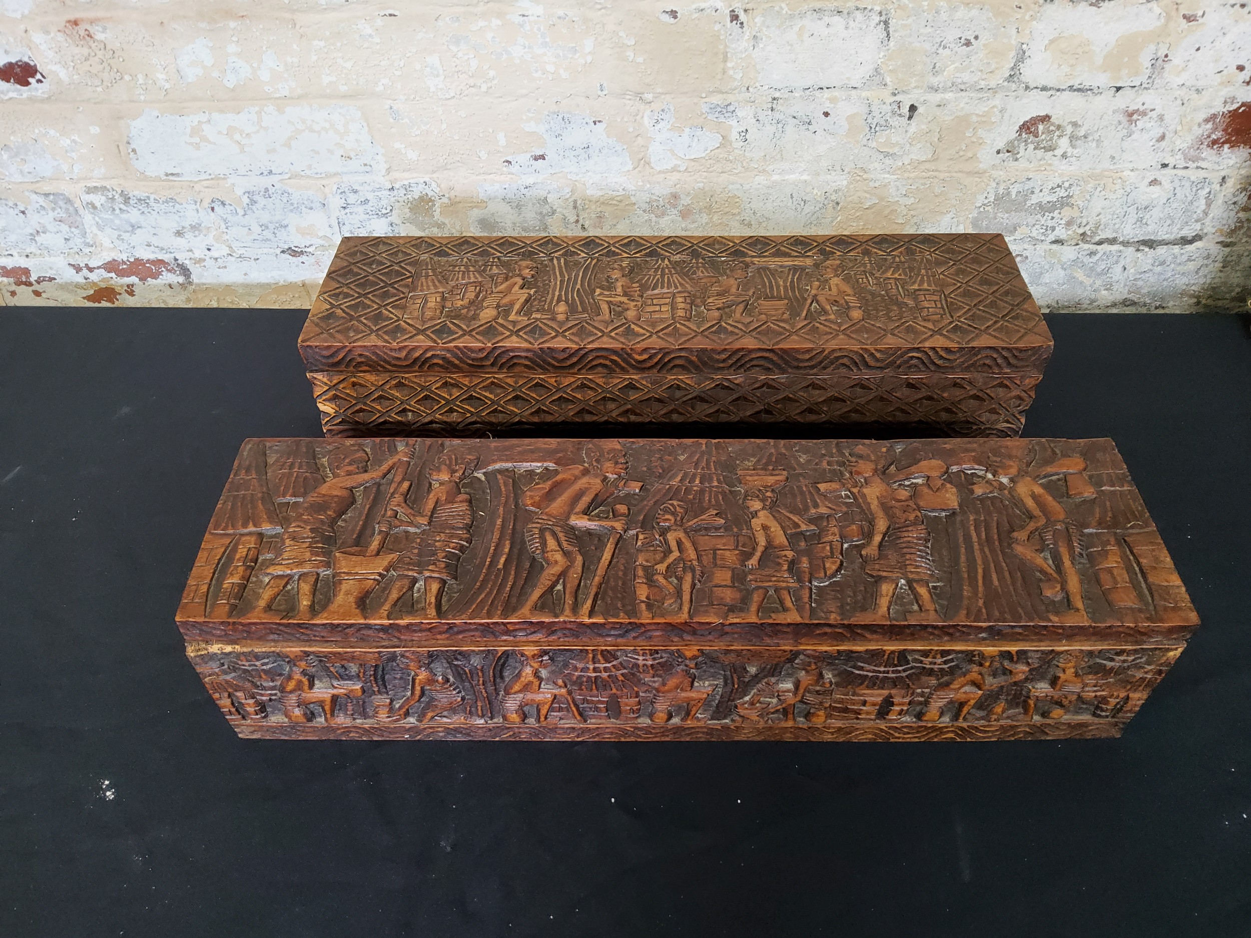 Tribal - two hand carved African boxes with hinged lids, two carved trays with two small original - Image 7 of 7