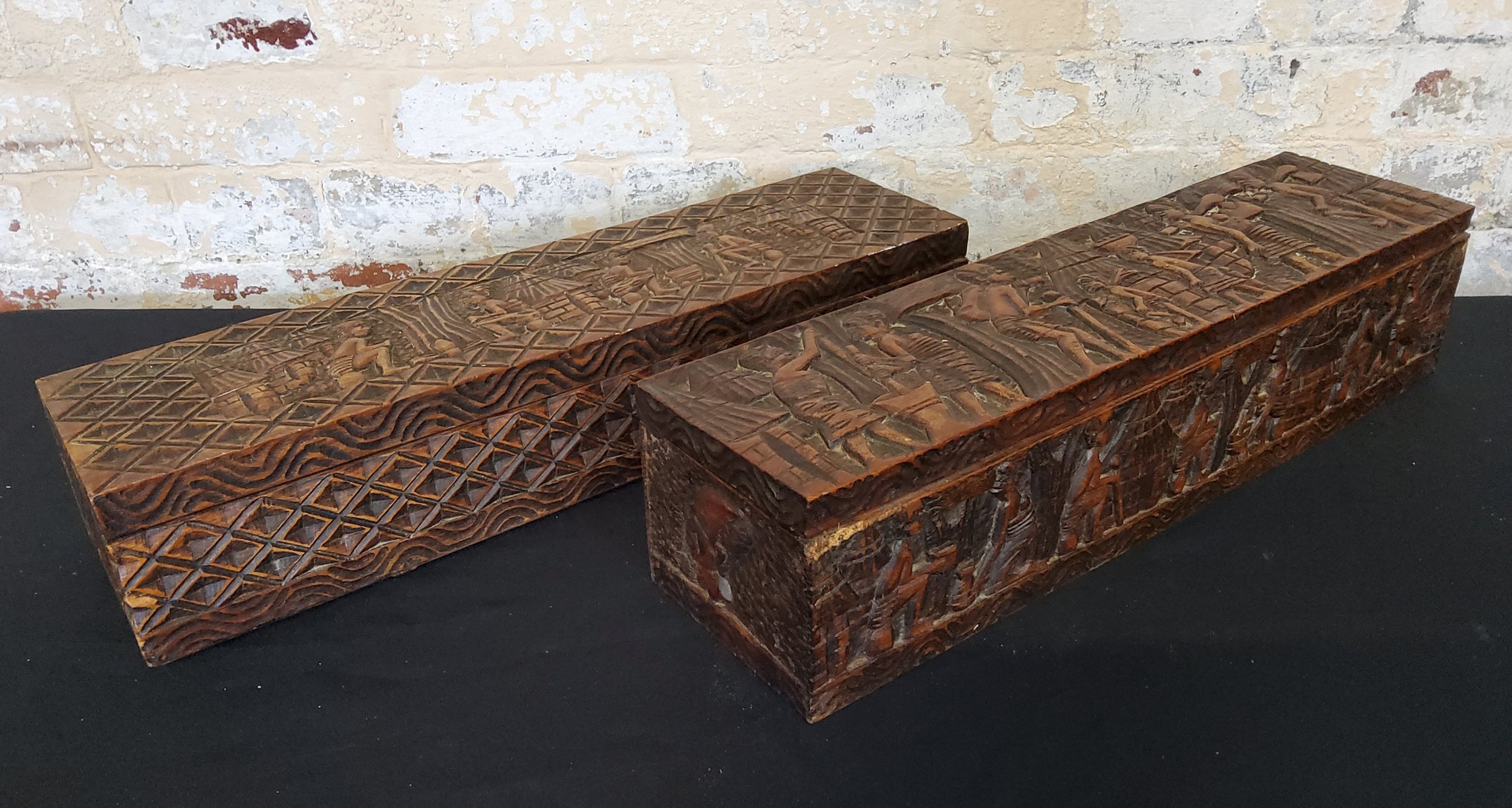 Tribal - two hand carved African boxes with hinged lids, two carved trays with two small original - Image 5 of 7
