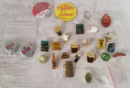 Various brewery related lapel badges including Jack Daniels, Rebel Yell, Jameson, Miller, Carlsberg,