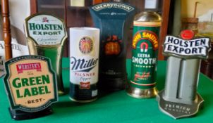 Breweriana - Beer pump font covers and advertisement displays including Holsten Export Qualitat