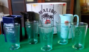 Home Bar Accessories - a Malibu ice bucket; Bacardi water jug with six Bacardi branded glasses;