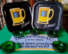 Two Arctic Lite serving trays; five Becks glass ashtrays; A vintage Heldenbrau ''What Have You