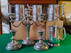 Home Bar Accessories - Pewter tankards, boxed; pewter three branch candlabra and squat candlesticks.
