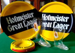 Breweriana - Hofmeister Advertising - two vintage serving trays, a glass ashtray and two branded