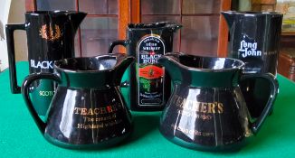 Teacher's 'The Cream of The Highland Whiskies' water jug; Black Bush Irish whiskey jug; Long John