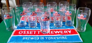 Ossett Brewery brewed in Yorkshire 'The Real Ale Revolution' twelve pint glasses and bar towels