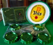 New Old Stock - MINT condition Holsten Pils drip trays, seven novelty ashtrays in the form of bottle