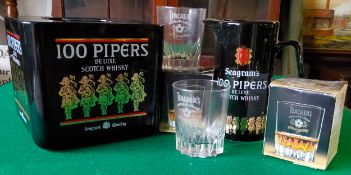A Seagrams 100 Pipers De Luxe Scotch Whisky ice bucket and water jug; Four unused Teacher's 1992