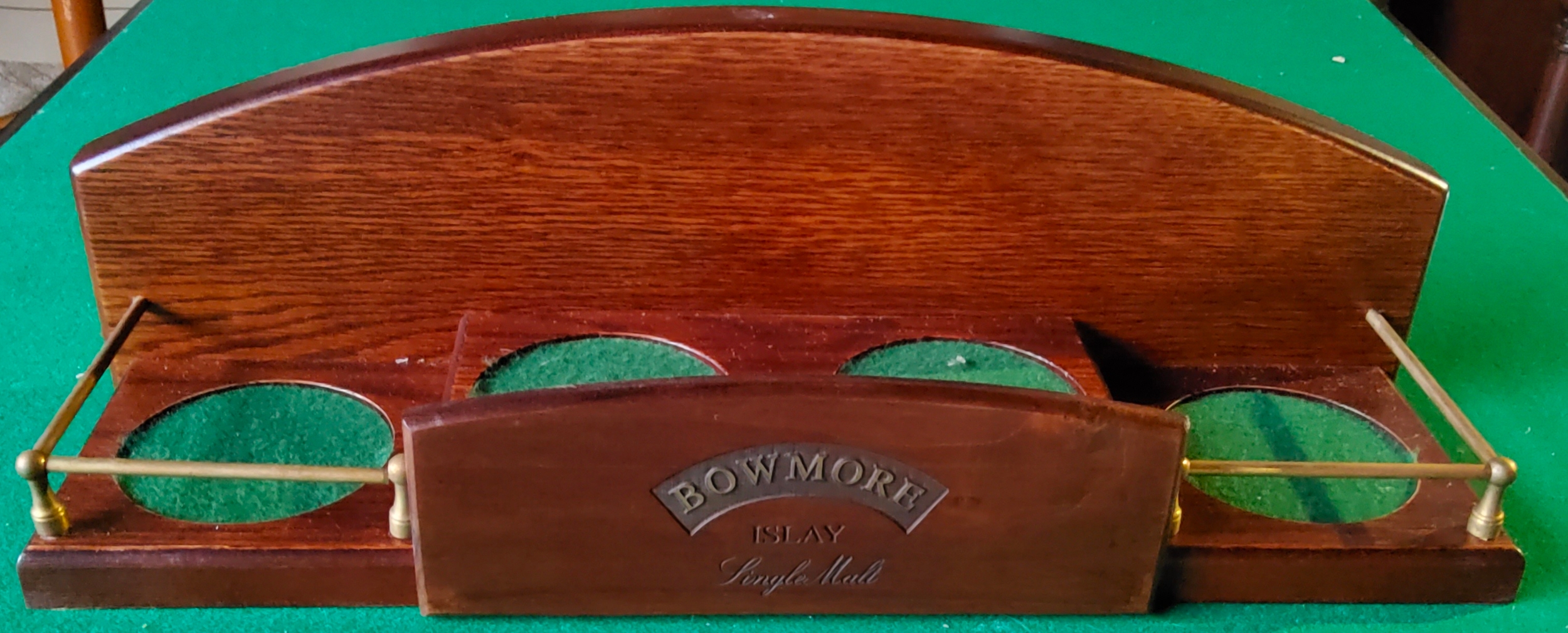 A Bowmore Islay scotch whisky bar shelf display stand, four sections, brass mounted. Excellent