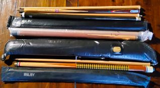 Home Bar Accessories - Four pool cues in original travel slips including Riley