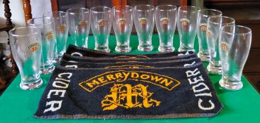 Home Bar Accessories - Breweriana - Twelve Merrydown Cider pint glasses and bar towels