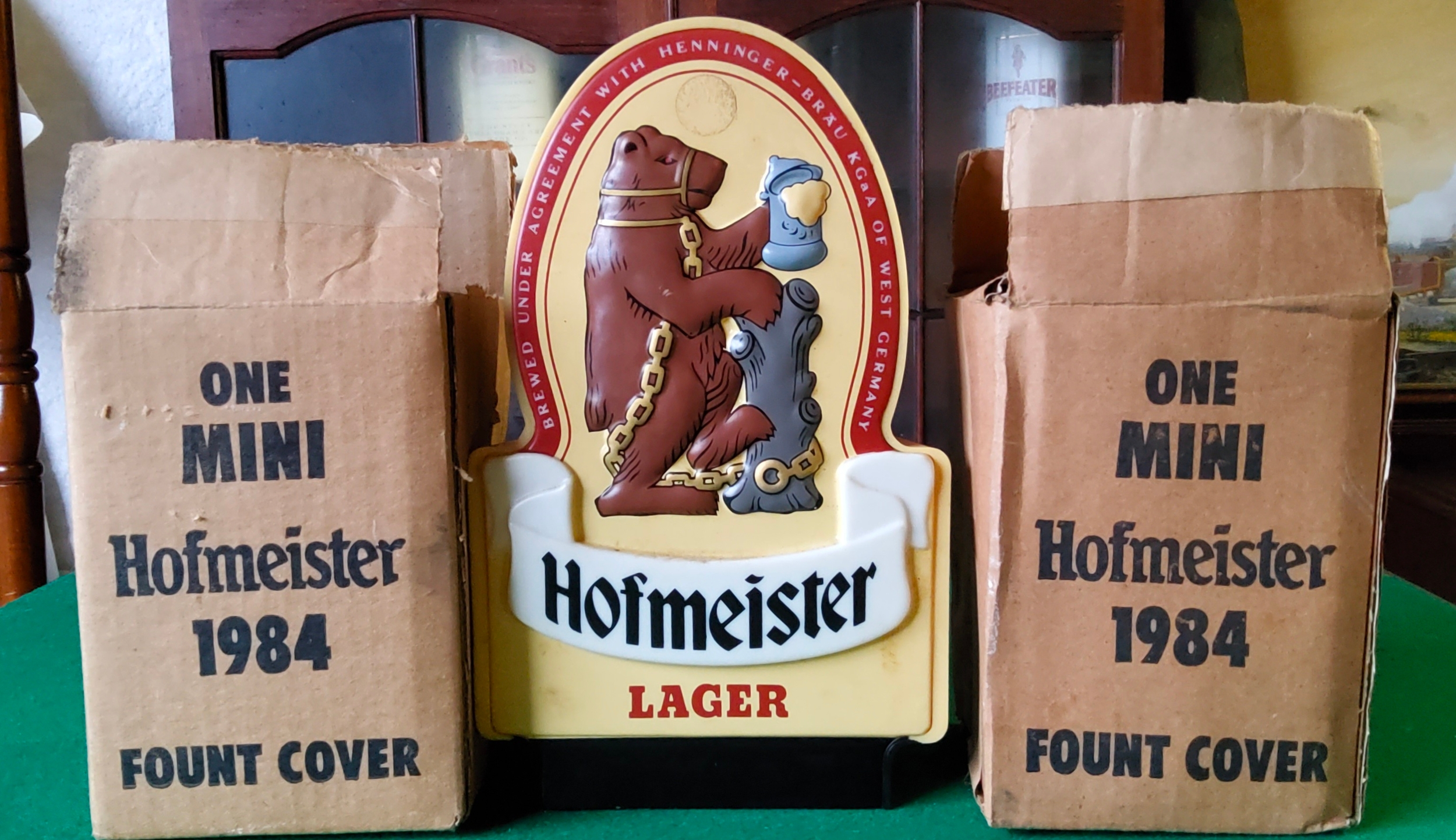 Two 1984 Hofmeister Lager mini font covers in original cardboard trade carton; a vintage plastic - Image 2 of 2