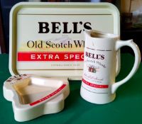 Bell's Advertising - a Bell's scotch whisky serving tray, water jug and a novelty bell shaped