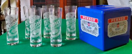 Home Bar Accessories - A Pernod Fils ice bucket and a set of six Peroni half pint glasses.