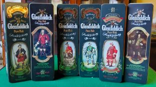Whisky - A set of six Glenfiddich Clans of Scotland whisky tins.