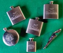 Three Glenfiddich stainless steel 25oz hipflask; A Jack Daniel's hipflask, etc