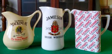 A Grant's Scotch Whisky water jug; Jamesons Irish Whiskey water jug and a Mackinlay Finest Old